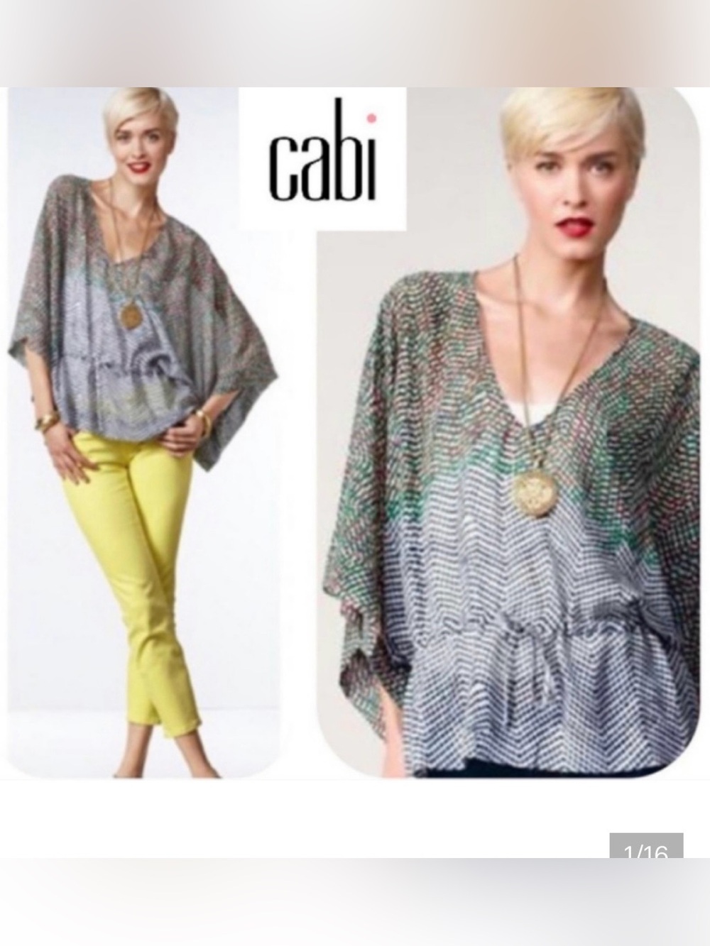 CAbi Multicolor Sheer V-Neck Batwing Pullover — Green, Black, White